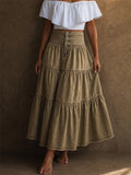 Women High Waist Boho Button Front Tiered Denim Maxi Skirt