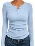 Women's Solid Color Striped Buttons Pullover Slim-fit Long Sleeve Shirts