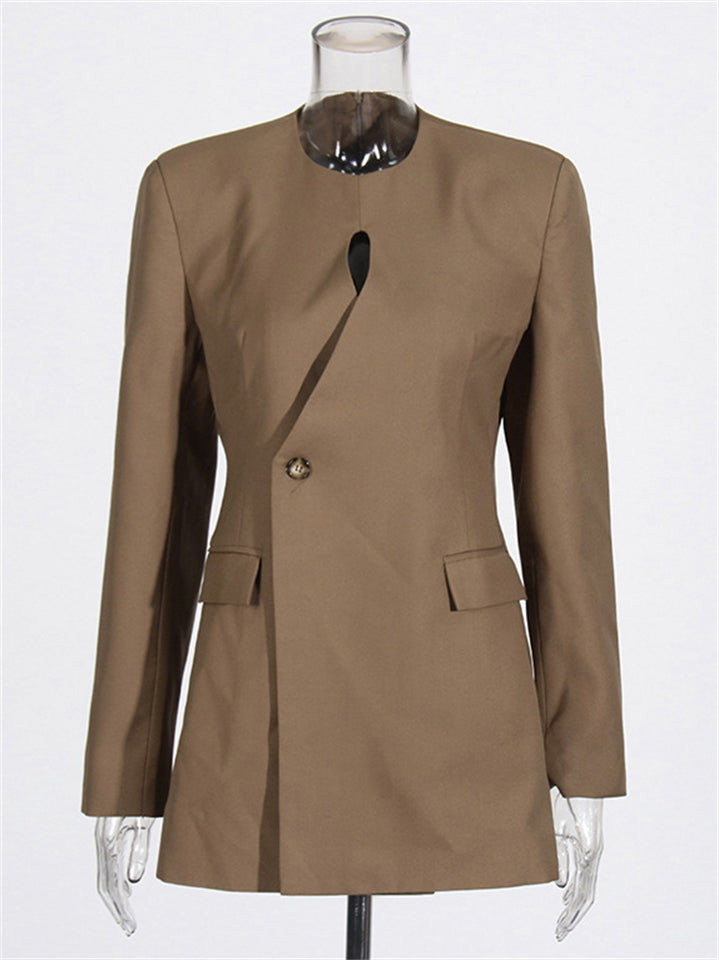 Women OL Style Long Sleeve Coffee O-Neck Suit Jacket