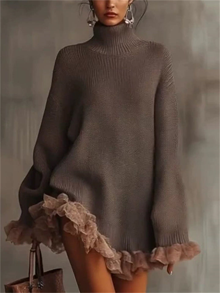 Women's Turtle Neck Ruffled Trim Long Sleeved Sweaters