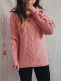 Women's Solid Color Crochet Zip Up Pullover Lapel Sweater