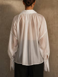 Women's Sheer V Neck Pleated Lantern Sleeve Blouse