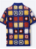 Male's Summer Retro Contrast Color Crochet Button Up Lapel Knitted Shirts