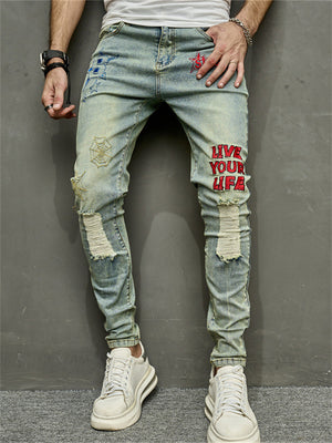 Men's Retro Letter Spider Web Embroidered Blue Jeans