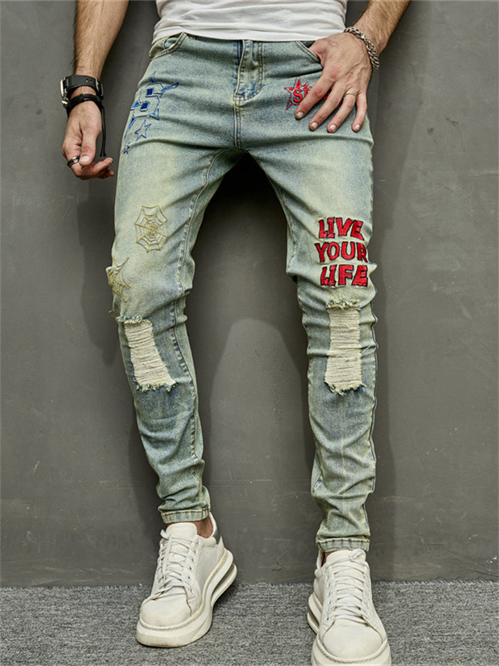 Men's Retro Letter Spider Web Embroidered Blue Jeans