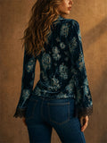 Women Vintage Floral Lace Trim V Neck Flare Sleeve Top