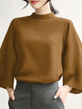 Women's Silk Like Stand Collar Loose Batwing Sleeve Elegant Blouse