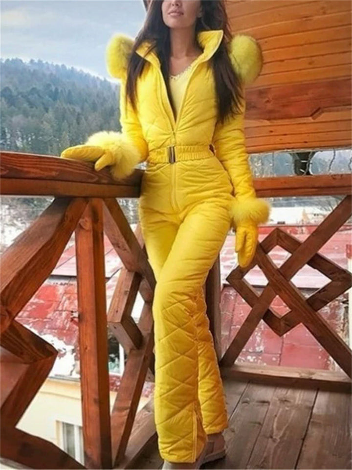 Women's Winter Pullover Ski Jumpsuits with Faux Fur Hood