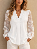 Women Lace Crochet V Neck Long Sleeve Button Down Blouse