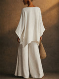 Women Linen Blend 2 Piece Oversized Boho Batwing Top and Wide Leg Pants Set