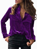 Ladies' Casual Solid Color Lapel Button Up Long Sleeve Corduroy Blouses
