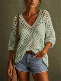 Women V Neck Crochet Knit Sweater Hollow Out Boho Beach Top