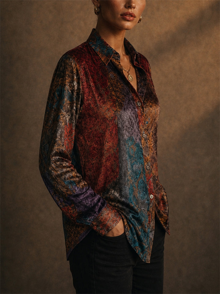 Women Vintage Floral Print Long Sleeve Button Down Blouse