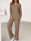 Women's Autumn V Neck Drop Shoulder Long Sleeve Loose Solid Color Outfit