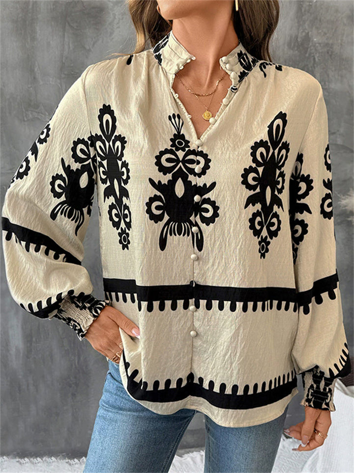 Ladies' Autumn Vintage Ethnic Style Printed Stand Collar Button Up Blouses