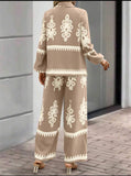 Women's Casual Ethnic Style Printed Long Sleeve Top & Wide Leg Pants Set