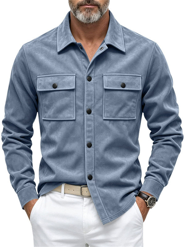 Men Autumn Faux Suede Button Down Chest Pockets Shirt Jacket