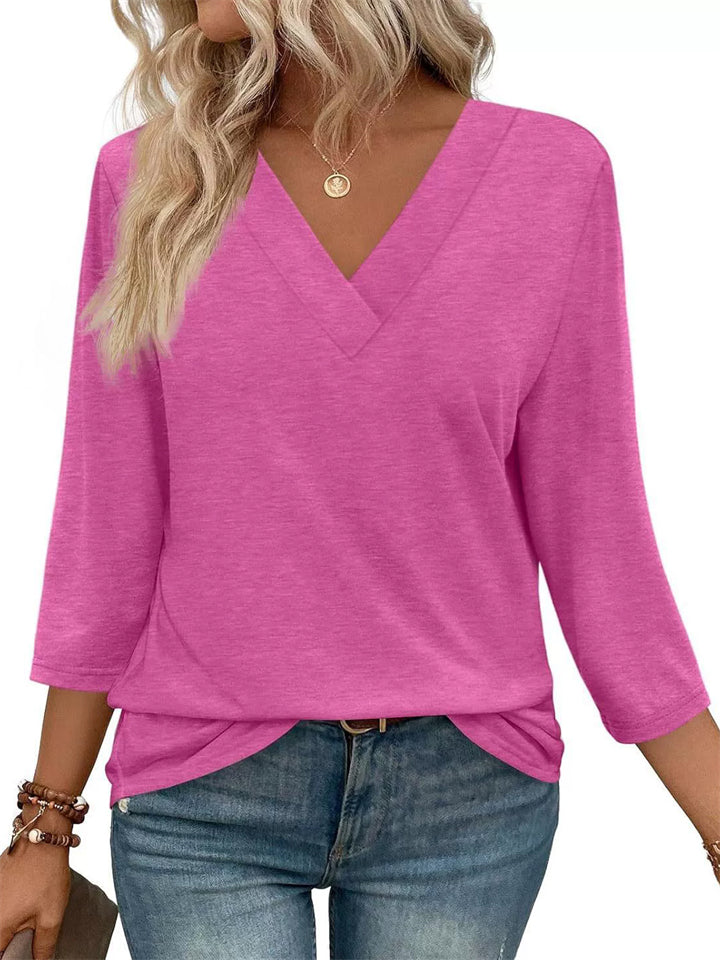 Women's Basic Casual Solid Color V Neck 3/4 Sleeve Shirts