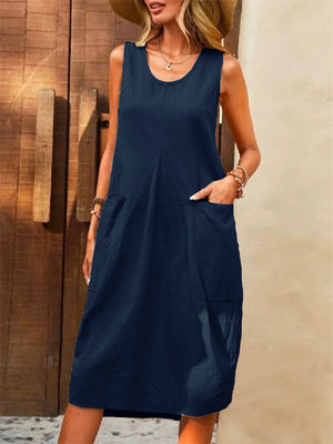 Cotton Linen Sleeveless Loose U Neck Dress for Women