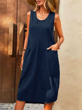 Cotton Linen Sleeveless Loose U Neck Dress for Women