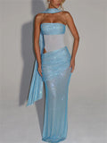 Female's Sequined Solid Color Tube Evening Dress with Scarf