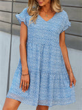 Women's Summer Printed Chiffon V Neck Ruffled Sleeve Dress