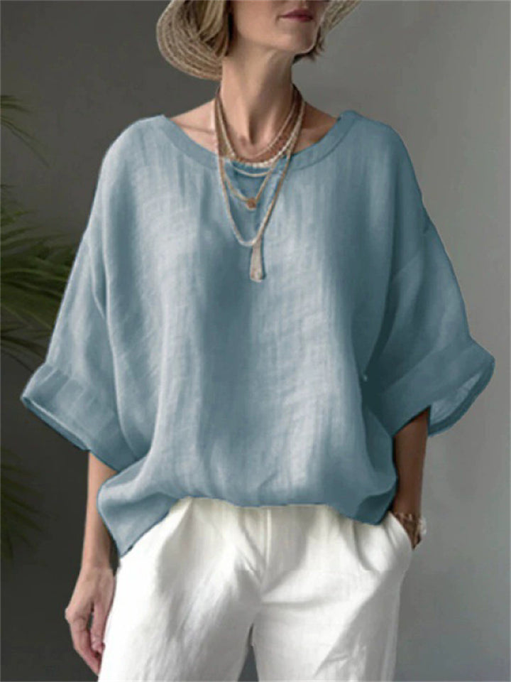 Women's Summer Elegant Solid Color Round Neck Drop Shoulder Shirts