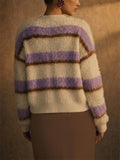 Women's Fuzzy Color Block Striped Mohair Knit Cardigan Sweater