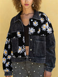 Women's Distressed Chrysanthemum Pattern Patchwork Corduroy Jackets