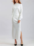 Elegant Crew Neck Knitted Sweater + Side Slit Skirt