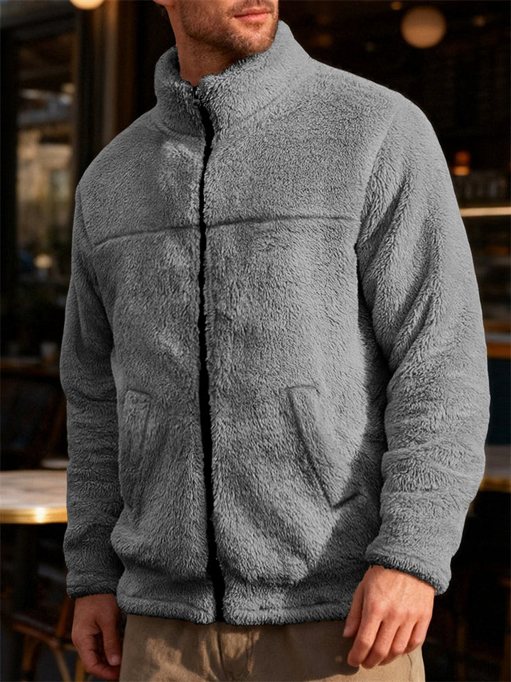 Men's Casual Outdoor Solid Color Zip Up Stand Collar Fleece Coats