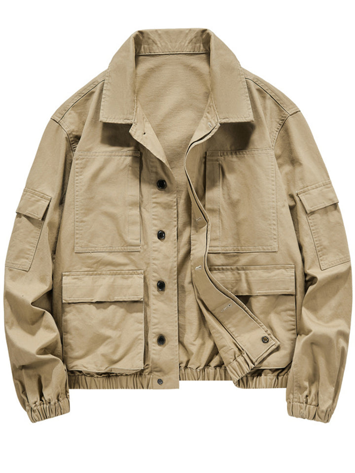 Men's Retro Casual Cotton Solid Color Pockets Cargo Jacket Coat