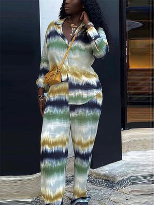 Women's 2Pcs Tie-dye Contrast Color V Neck Shirt & Pants Set