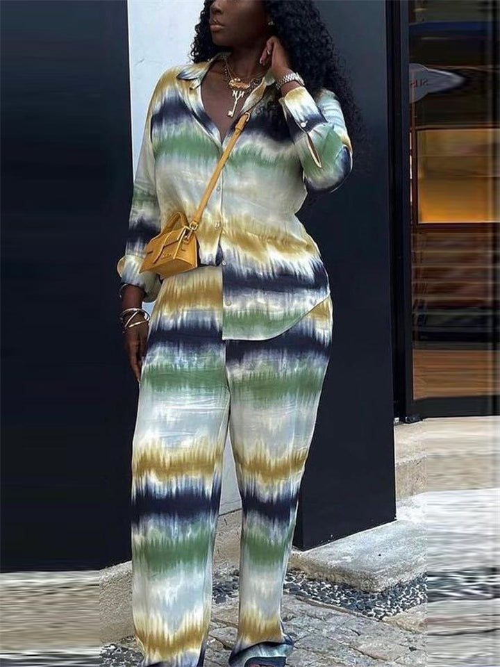 Women's 2Pcs Tie-dye Contrast Color V Neck Shirt & Pants Set