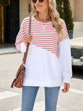 Stripe & Solid Color Round Neck Loose Sweatshirt for Female