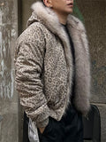 ‌Men's Winter Warm Loose Fit‌ Faux Fur Leopard Print Bomber Coats