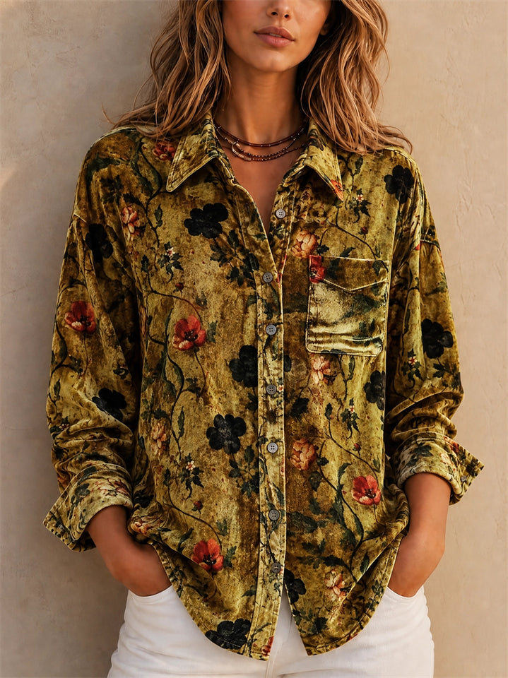 Women's Vintage Floral Print Velvet Oversized Button Down Shirt