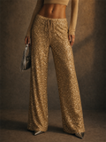 Women Simple Sequin Wide Leg Pants High Waist Party Trousers
