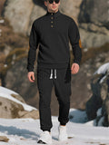 Men's Casual Contrast Color Texture Jacquard Drawstring Sweatshirts & Sweatpants Outfit