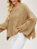 Women's Loose Solid Color Crochet Round Neck Asymmetric Hem Sweaters