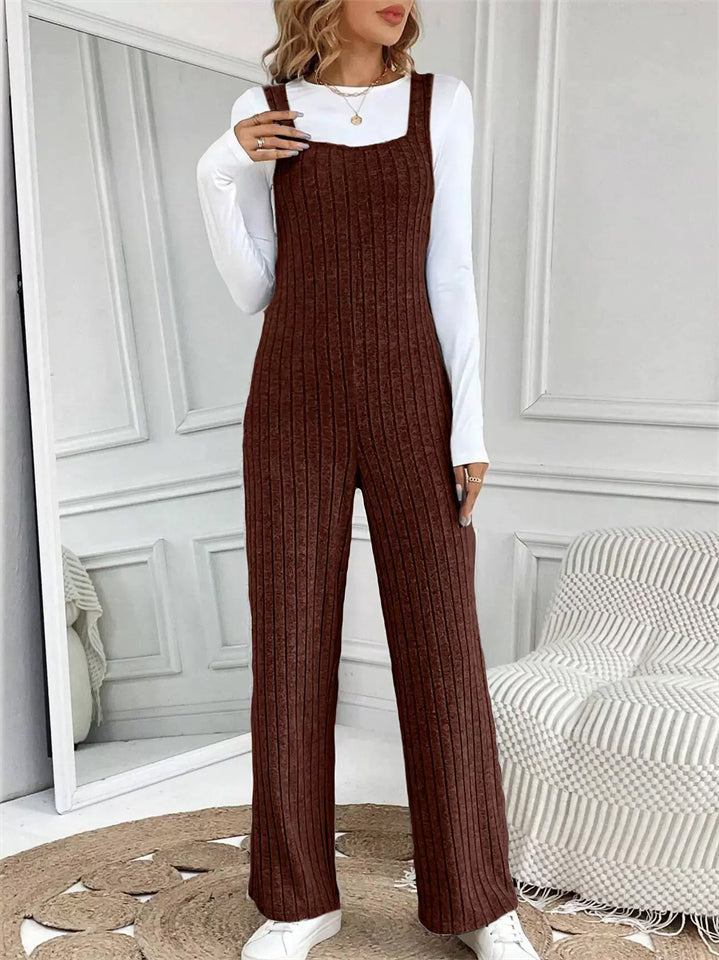 Women's Pit Stripe Knitted Sleeveless Loose Fit Stretchy Overalls Jumpsuit