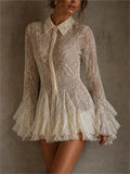 Womens Sexy Sheer Lace Ruffle Flared Sleeve Mini Dress