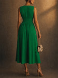 Women V Neck Sleeveless Smocked Waist Midi Dress
