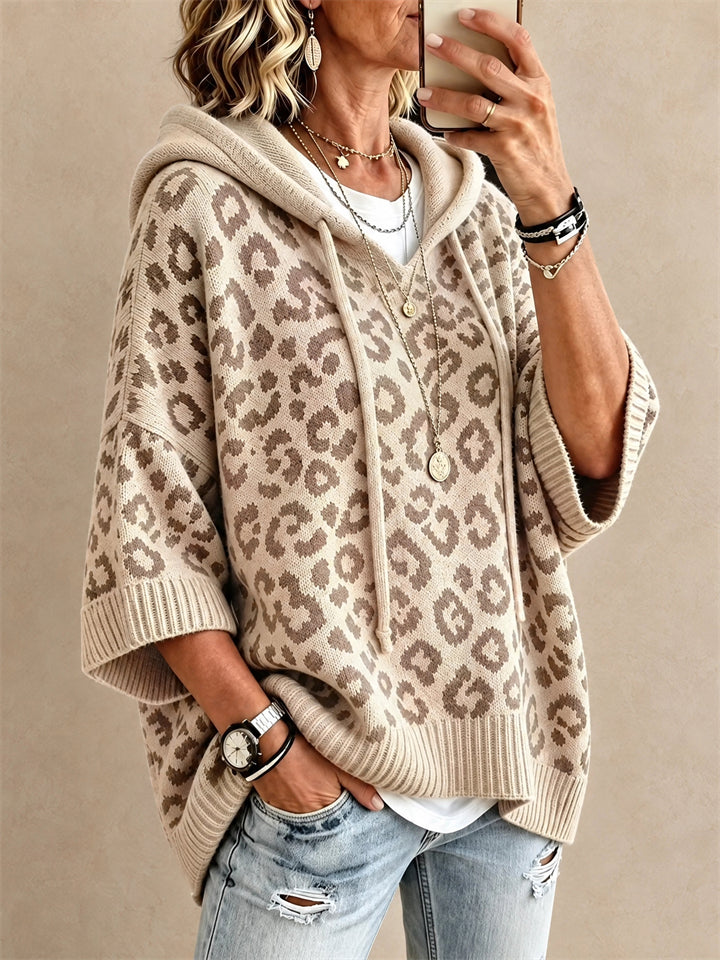 Women Leopard Print Oversized Pullover Hooded Poncho Knit Sweater