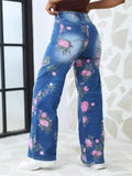 Women's Casual Flowers Print High Waist Wide Leg Denim Pants
