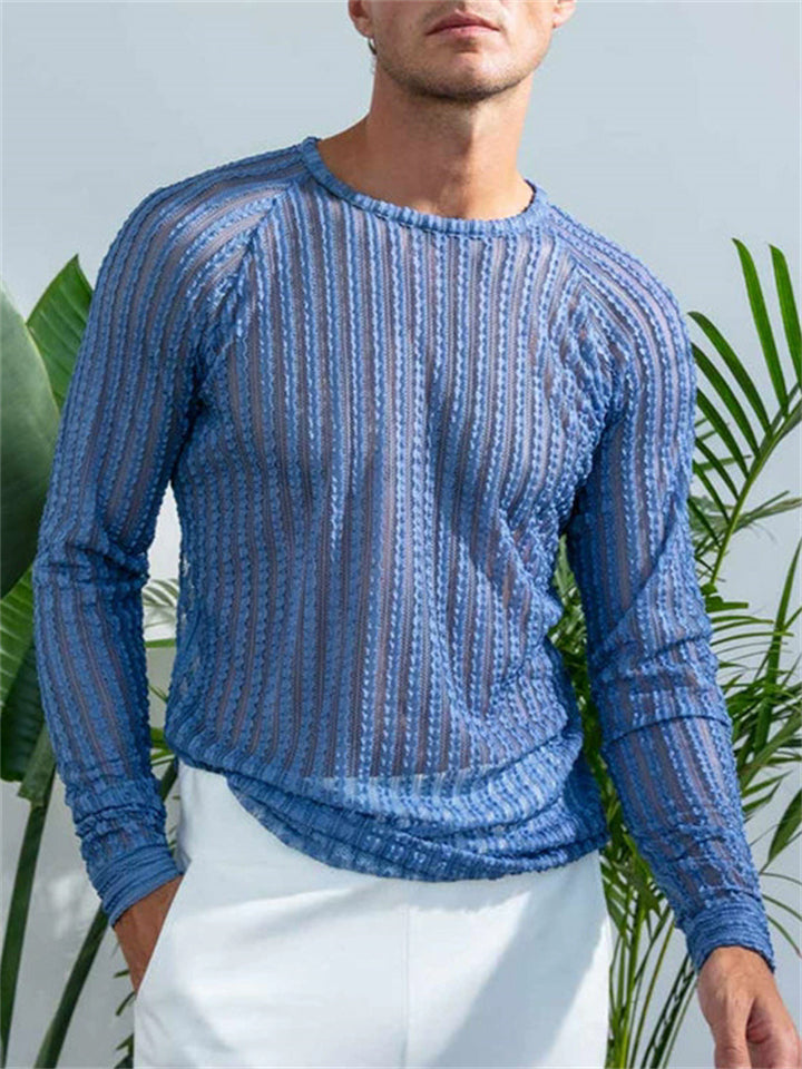 Male's Blue Texture Striped Long Sleeve Round Neck Undershirt