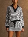 Women Striped Knit 2 Piece Set Polo Top and Mini Skirt