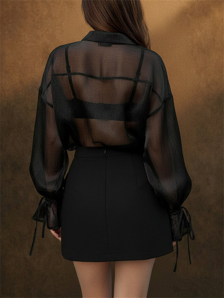 Women Black Sheer Lantern Sleeve Button Down Blouse Shirt