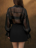 Women Black Sheer Lantern Sleeve Button Down Blouse Shirt