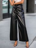 Women's High Waist Belted Wide Leg Faux Leather Pants